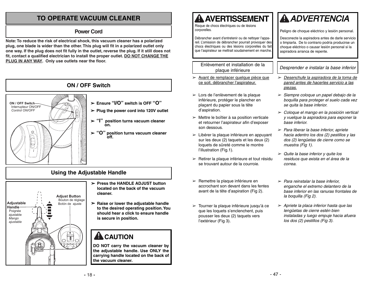 Enlèvement et installation de laplaque inférieure, Desprender e instalar la base inferior, Aad dv ve er rt te en nc ciia a | Avertissement, Caution | Panasonic MC-UL675 User Manual | Page 47 / 64