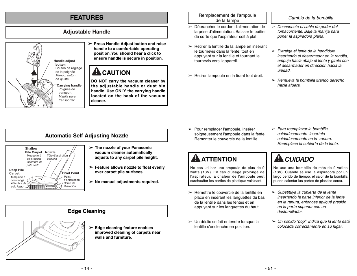Remplacement de l’ampoule de la lampe, Cambio de la bombilla, Ccu uiid da ad do o | Features, Caution, Attention, Adjustable handle, Automatic self adjusting nozzle, Edge cleaning | Panasonic MC-UL675 User Manual | Page 51 / 64