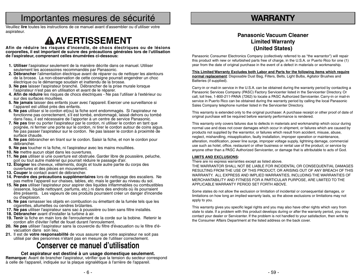 Warranty, Importantes mesures de sécurité, Avertissement | Conserver ce manuel d’utilisation | Panasonic MC-UL675 User Manual | Page 59 / 64