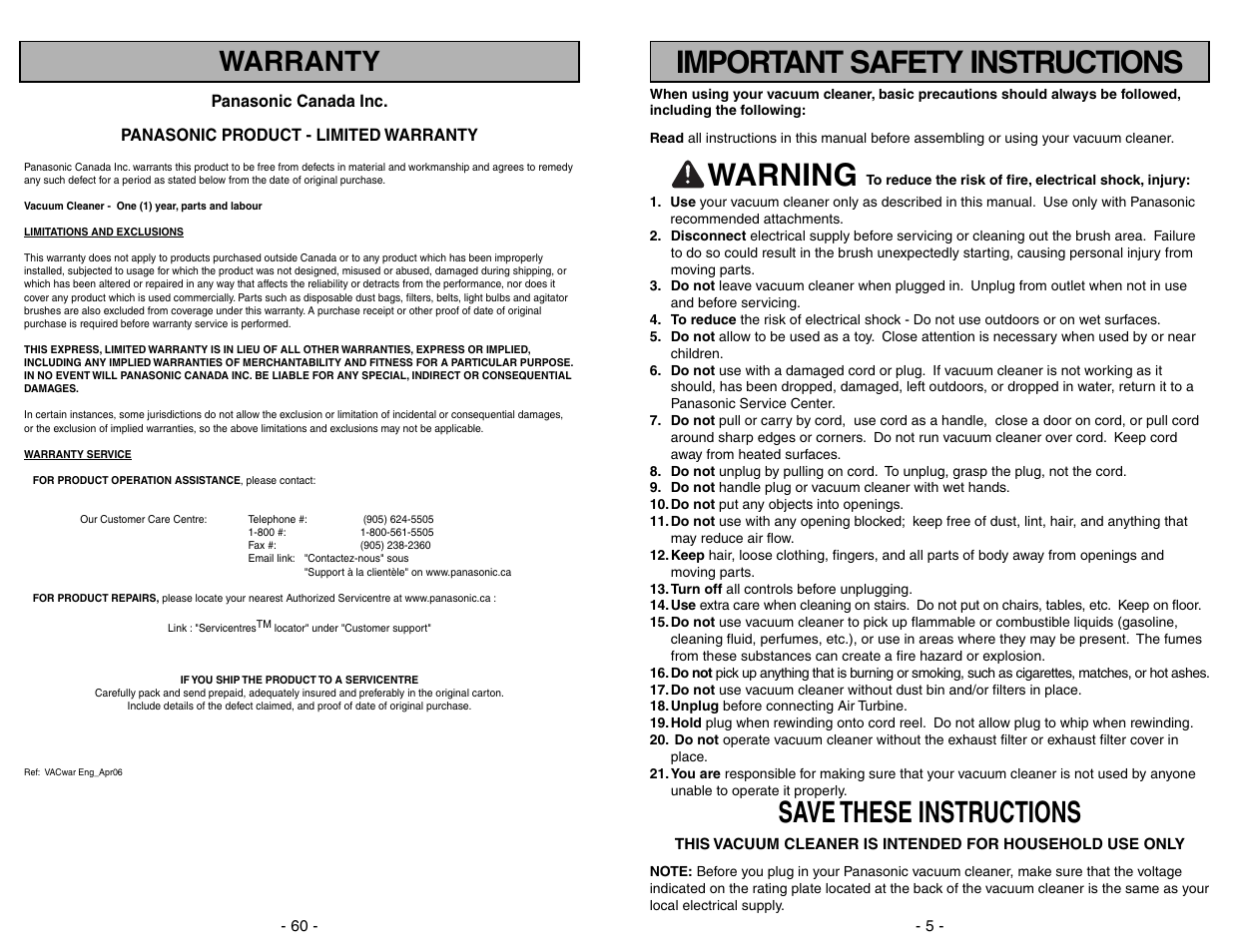 Important safety instructions, Warning, Save these instructions | Warranty | Panasonic MC-UL675 User Manual | Page 60 / 64