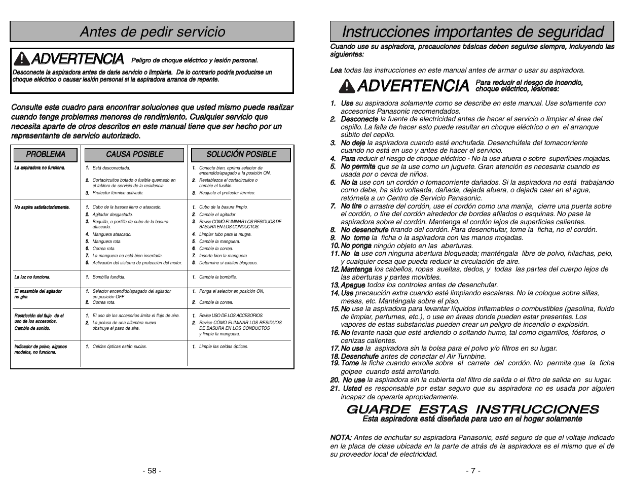 Instrucciones importantesde seguridad, Instrucciones importantes de seguridad, Aad dv ve er rt te en nc ciia a | Antes de pedir servicio | Panasonic MC-UL675 User Manual | Page 7 / 64