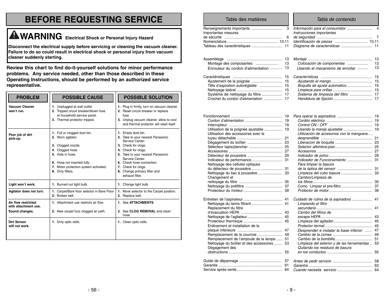 Before requesting service, Warning | Panasonic MC-UL675 User Manual | Page 9 / 64