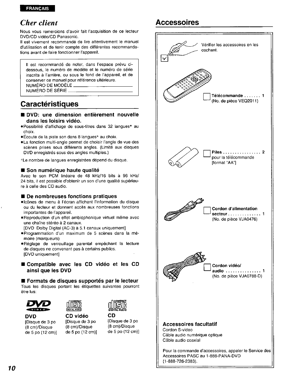 Caractéristiques, Son numérique haute qualité, De nombreuses fonctions pratiques | Formats de disques supportés par le lecteur, Cher client, Accessoires, Oldie | Panasonic DVD-A105U User Manual | Page 10 / 92