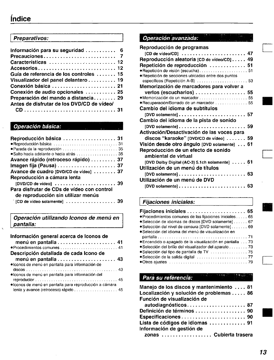 Indice | Panasonic DVD-A105U User Manual | Page 13 / 92