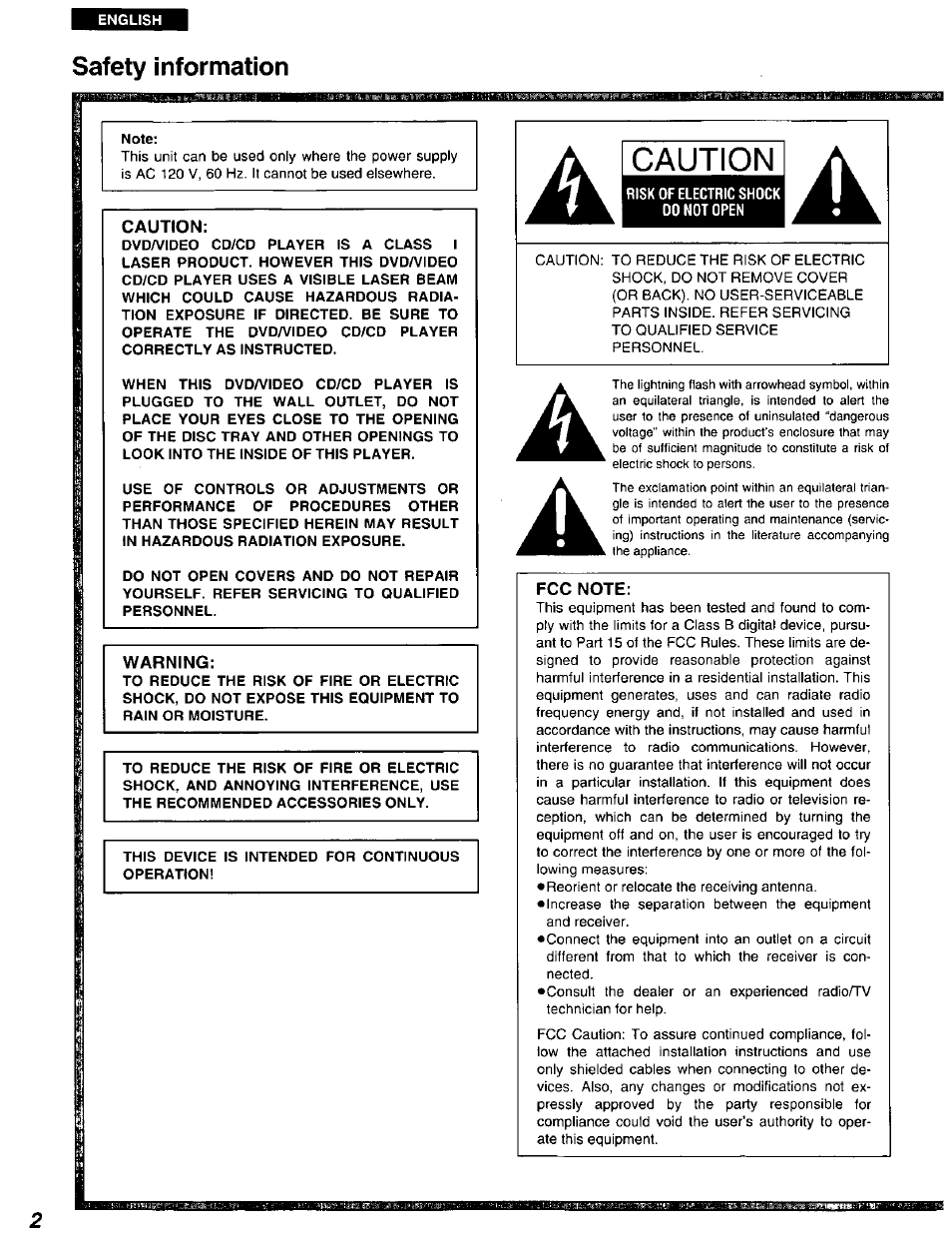 Safety information, Caution, Warning | Fcc note | Panasonic DVD-A105U User Manual | Page 2 / 92