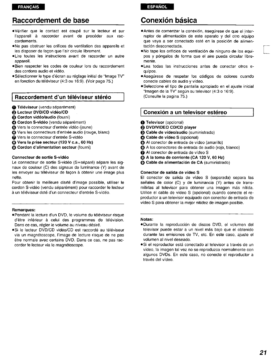 Raccordement de base, Conexión básica, Connecteur de sortie s-vidéo | Remarques, Conector de salida de vídeo s, I 21 | Panasonic DVD-A105U User Manual | Page 21 / 92