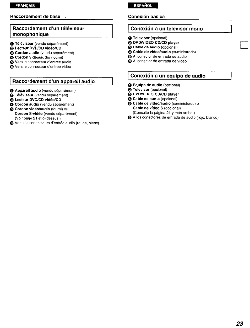 Raccordement de base, Raccordement d’un téléviseur monophonique | Panasonic DVD-A105U User Manual | Page 23 / 92