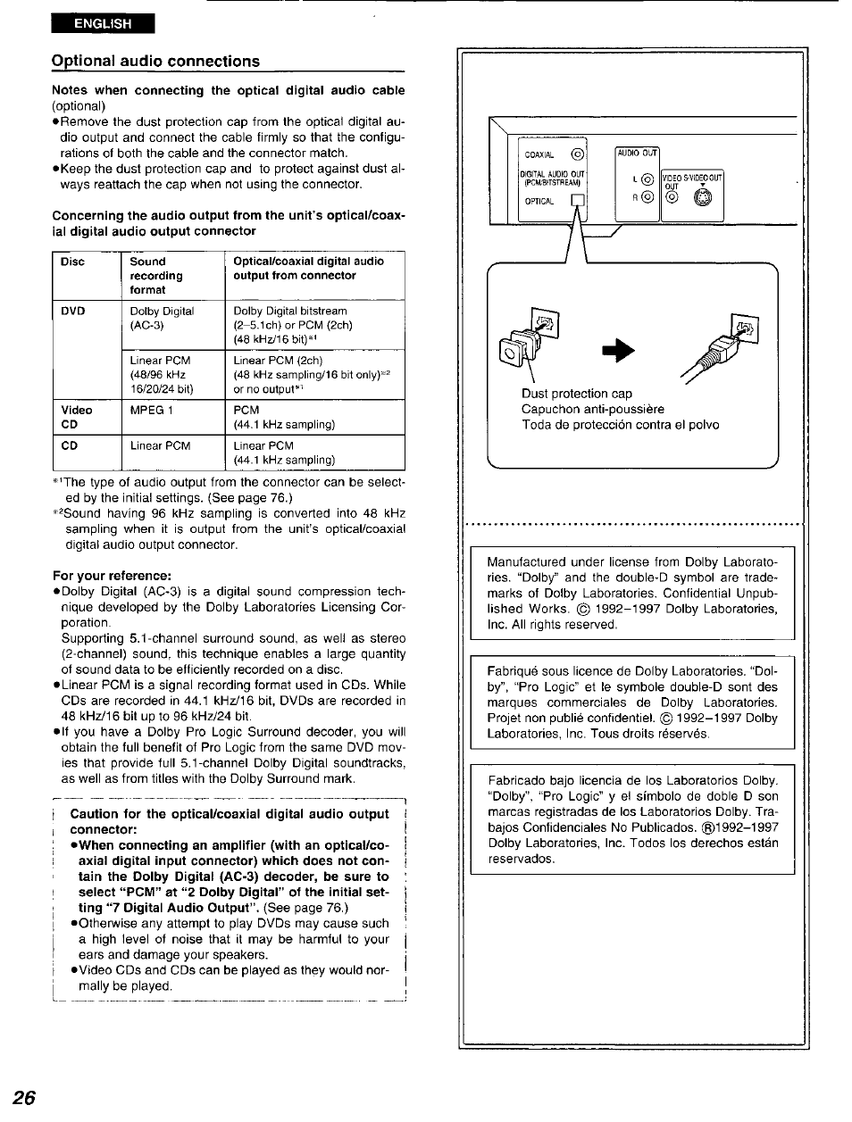 Optional audio connections, For your reference | Panasonic DVD-A105U User Manual | Page 26 / 92