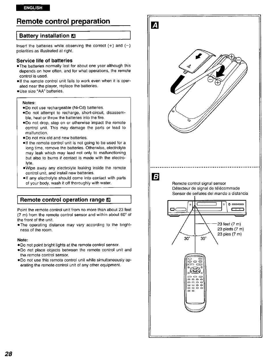 Remote control preparation, Service life of batteries, Note | Panasonic DVD-A105U User Manual | Page 28 / 92