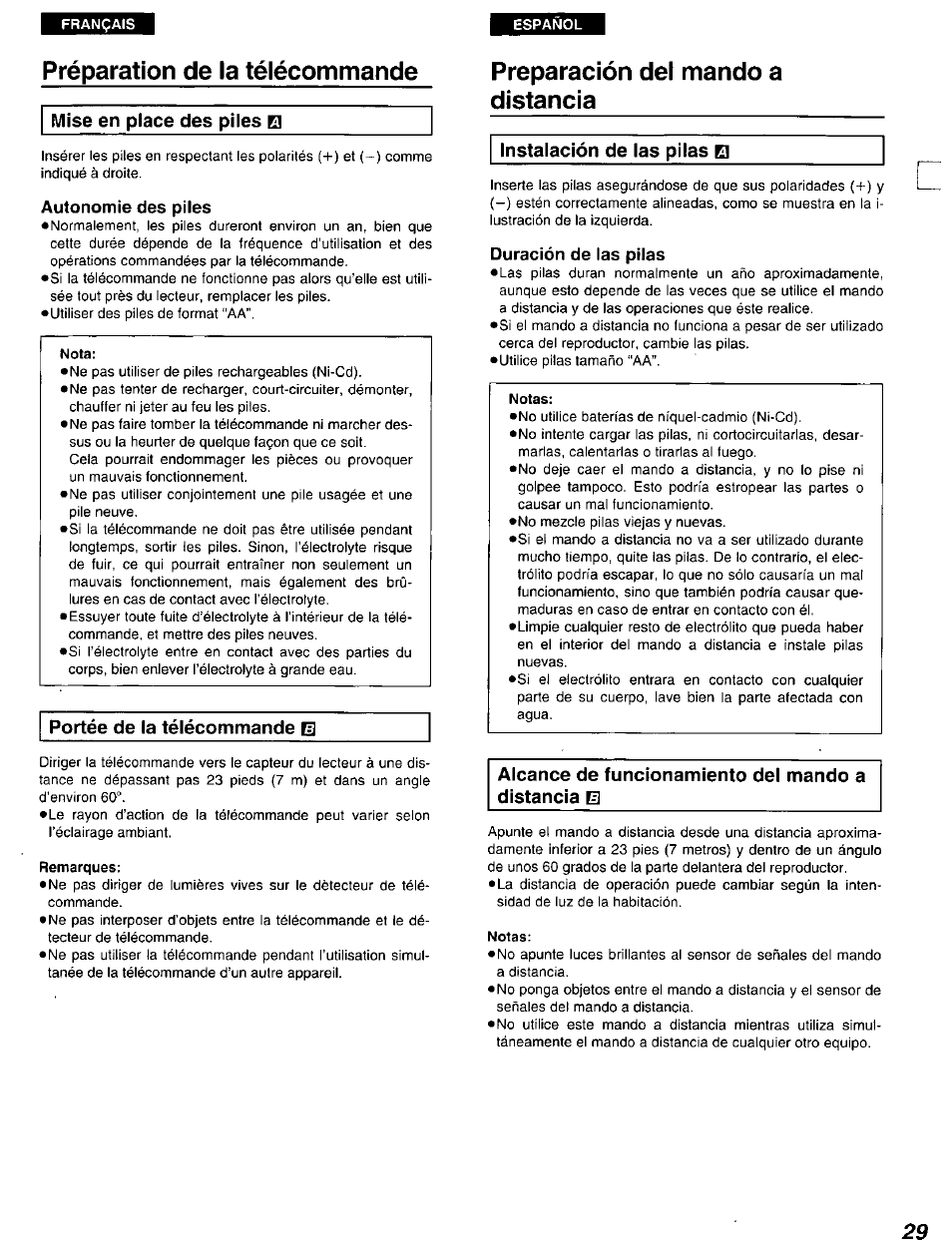 Préparation de la télécommande, Autonomie des piles, Remarques | Preparación del mando a distancia, Duración de las pilas, Notas | Panasonic DVD-A105U User Manual | Page 29 / 92