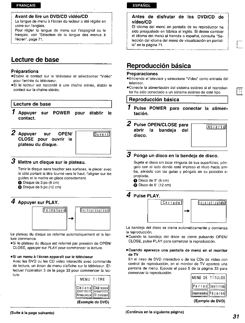 Lecture de base, Si un menu à l’écran apparaît sur le téléviseur, Reproducción básica | Llecture de base | Panasonic DVD-A105U User Manual | Page 31 / 92