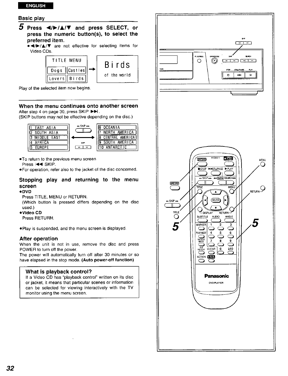 Basic play, When the menu continues onto another screen, Stopping play and returning to the menu screen | After operation, What is playback control | Panasonic DVD-A105U User Manual | Page 32 / 92