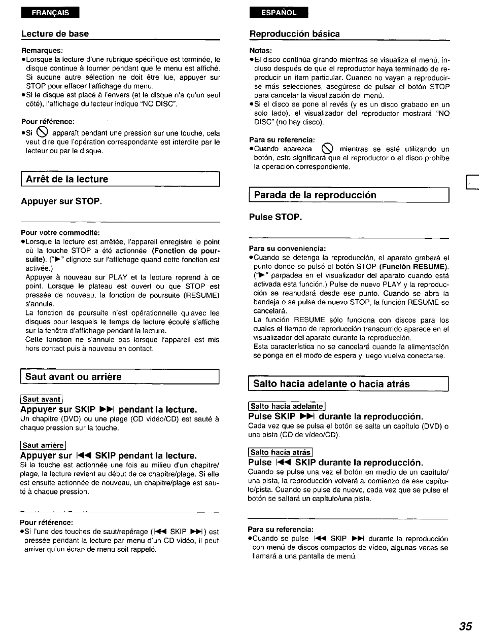 Reproducción básica, Remarques, Pour référence | Arrêt de la lecture, Appuyer sur stop, Pour votre commodité, Notas, Para su referencia, Pulse stop, Para su conveniencia | Panasonic DVD-A105U User Manual | Page 35 / 92