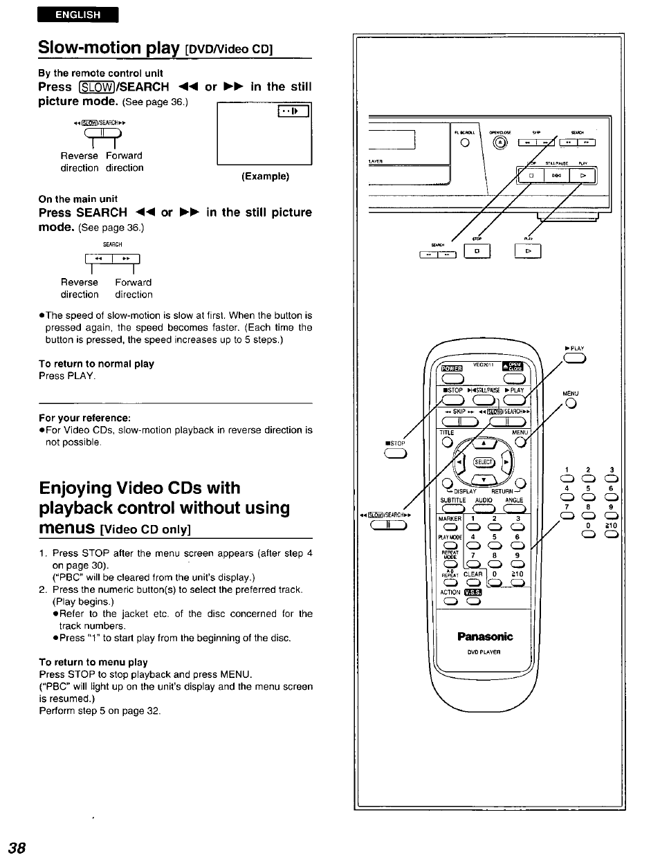 For your reference, M6nus [video cd only, Enjoying video cds with playback control | Without using menus, Video cd only, Slow-motion play | Panasonic DVD-A105U User Manual | Page 38 / 92