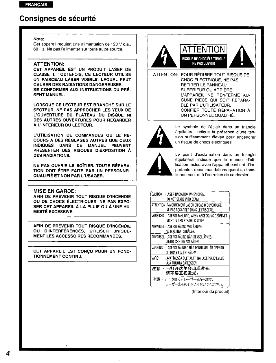 Consignes de sécurité, Attention, Mise en garde | Panasonic DVD-A105U User Manual | Page 4 / 92