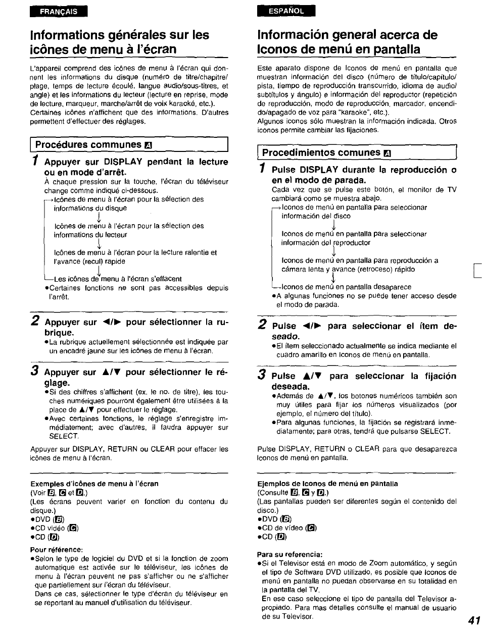 Pour référence, Procedimientos comunes и, Ejemplos de iconos de menú en pantalla | Para su referencia, Informations générales sur les icônes, De menu à récran, Información general acerca de iconos de, Menú en pantalla, Procedimientos comunes, Procédures communes el | Panasonic DVD-A105U User Manual | Page 41 / 92