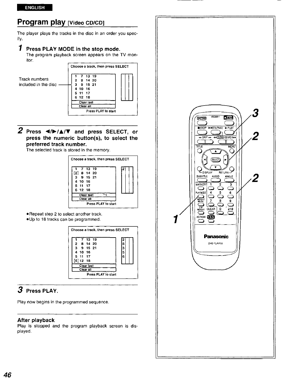 Program play [video cd/cd, 1 press play mode in the stop mode, 3 press play | After playback, Program play [video, Program play, Video, Press play mode in the stop mode, Press play | Panasonic DVD-A105U User Manual | Page 46 / 92