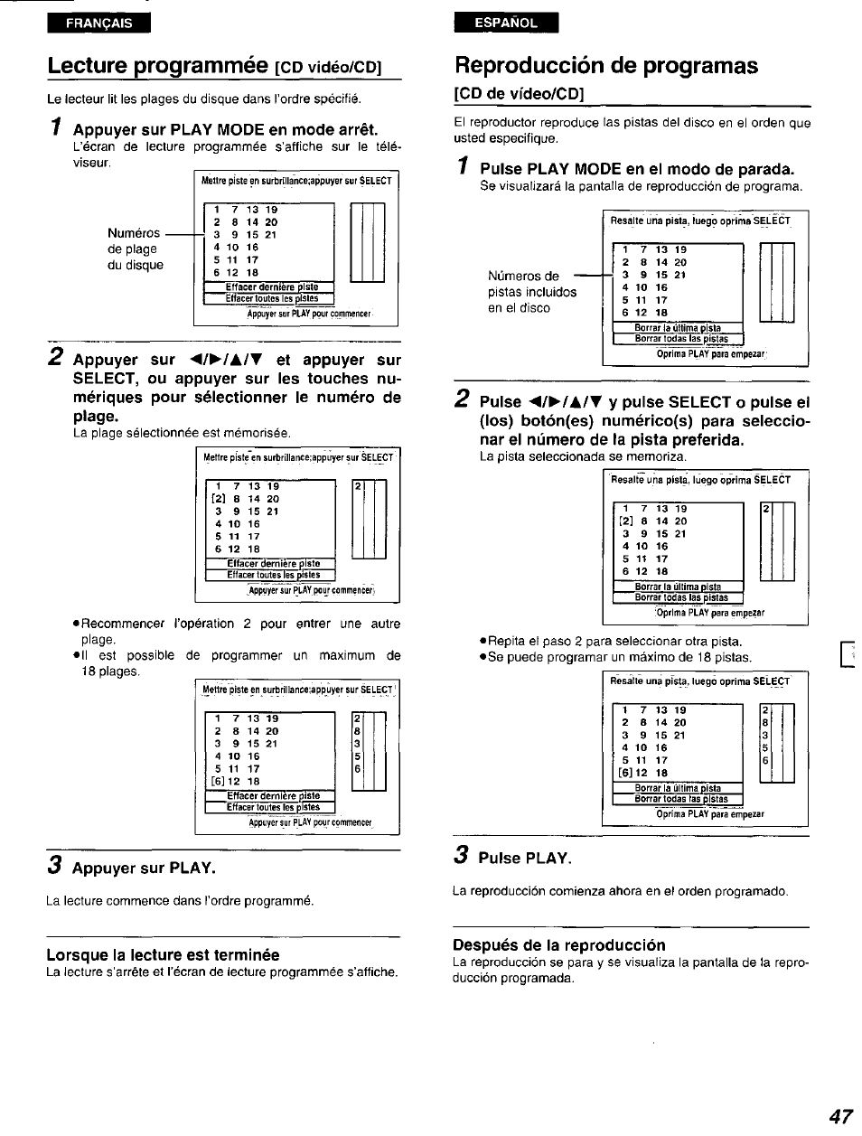 Lecture programmée [cd vidéo/cp, Reproducción de programas, Lecture programmée [co | Vidéo/cd, Lecture programmée, Vidéo/cp | Panasonic DVD-A105U User Manual | Page 47 / 92