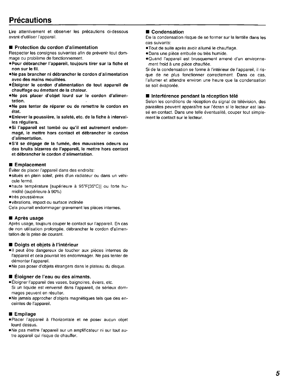 Précautions | Panasonic DVD-A105U User Manual | Page 5 / 92