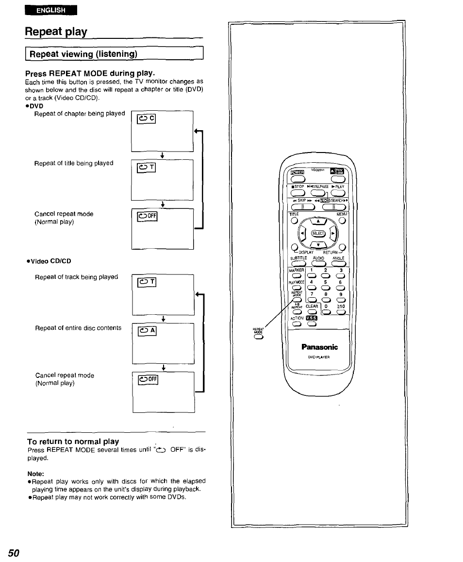 Press repeat mode during play, To return to normal play, Note | Repeat play | Panasonic DVD-A105U User Manual | Page 50 / 92