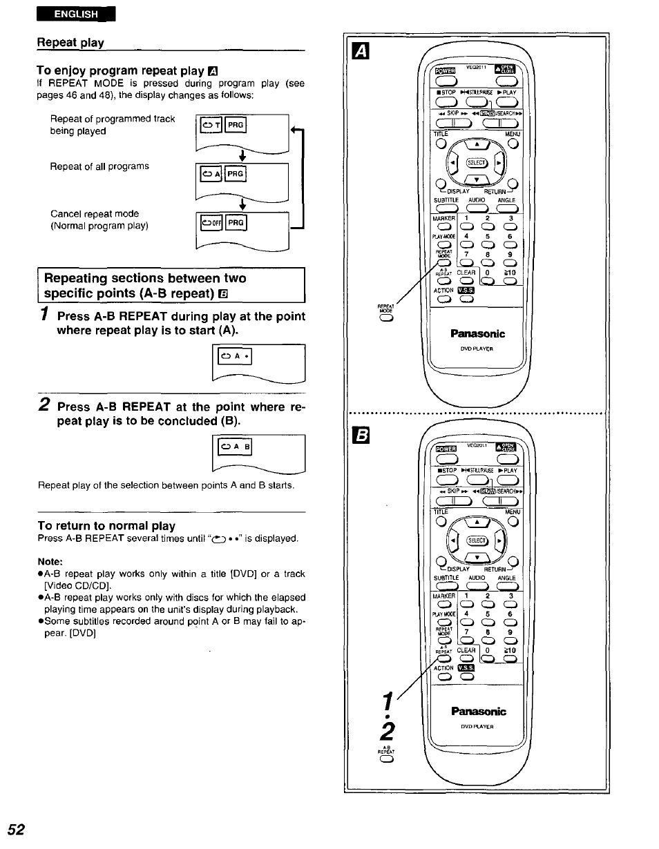 Repeat play, To enjoy program repeat play q, To return to normal play | Panasonic DVD-A105U User Manual | Page 52 / 92