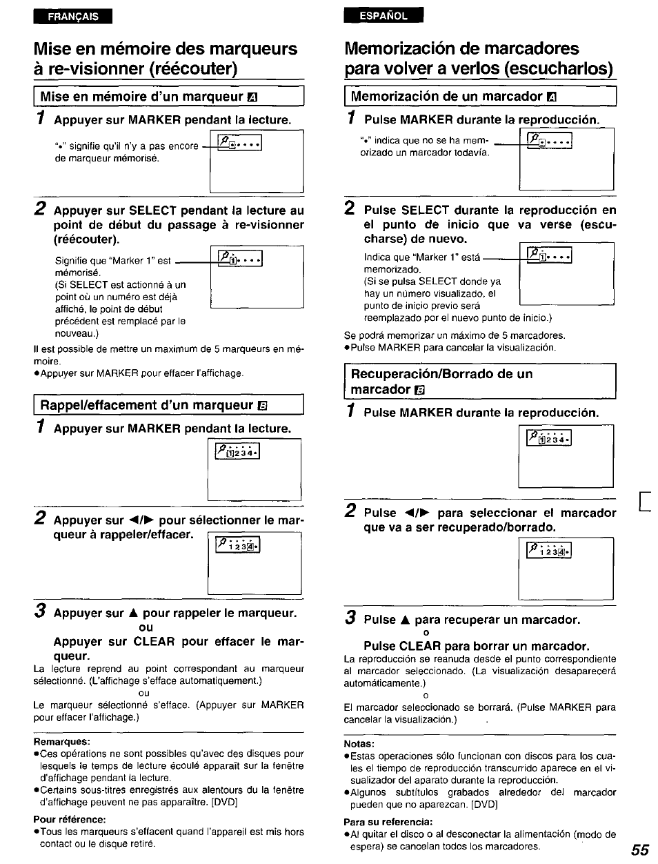 Mise en mémoire d’un marqueur e, Memorización de un marcador el, Rappel/effacement d’un marqueur tr) | Remarques, Pour référence, Notas, Para su referencia, Mise en mémoire d’un marqueur, Rappel/effacement d’un marqueur, Memorización de un marcador | Panasonic DVD-A105U User Manual | Page 55 / 92