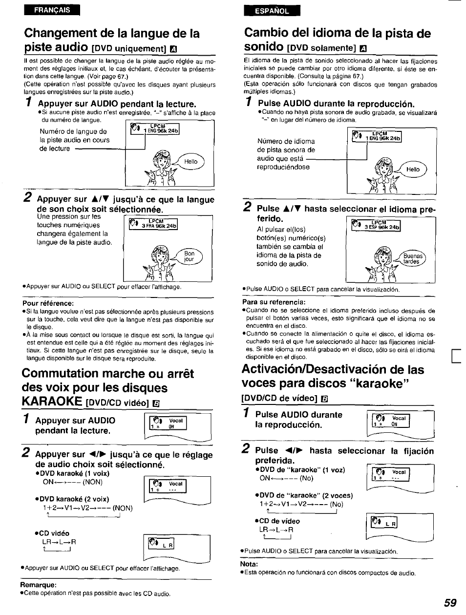 Changement de la langue de la piste audio, Cambio del idioma de la pista de sonido, T_____________________ i | Panasonic DVD-A105U User Manual | Page 59 / 92