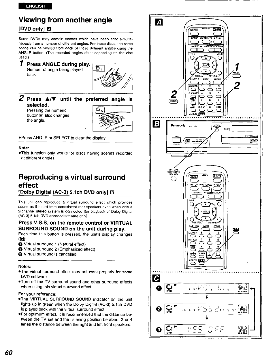 2 press a/t until the preferred angle is selected, Note, Reproducing a virtual surround effect | Dolby digital (ac-3) 5.1ch dvd only] b, Dolby digital (ac-3), Dvd only, Viewing from another angle | Panasonic DVD-A105U User Manual | Page 60 / 92