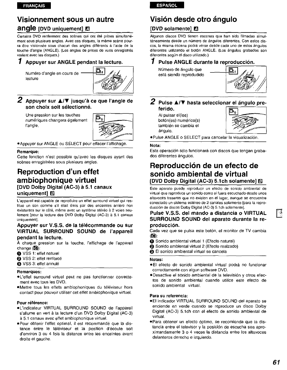 Visionnement sous un autre, Reproduction d’un effet ambiophonique virtuel, Remarques | Pour référence, Visión desde otro ángulo | Panasonic DVD-A105U User Manual | Page 61 / 92