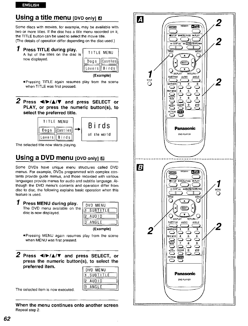 Using a title menu [dvd only] e, 1 press title during play, Using a dvd menu [dvd only] m | When the menu continues onto another screen, Using a title menu, Using a dvd menu | Panasonic DVD-A105U User Manual | Page 62 / 92