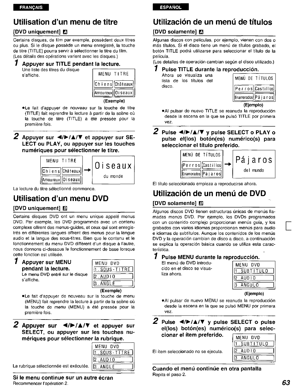 Utilisation d’un menu de titre, Exemple), 0 i seaux | Utilisation d’un menu dvd, Utilización de un menú de títuios, Ejemplo), Pájaros, Utilización de un menú de dvd | Panasonic DVD-A105U User Manual | Page 63 / 92