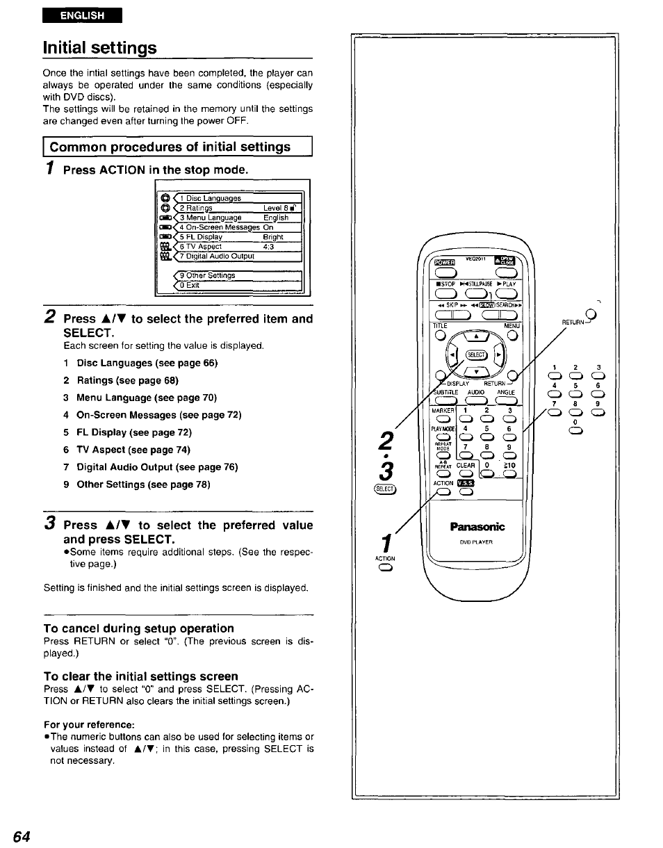 Initial settings, Common procedures of initial settings, 1 press action in the stop mode | To cancel during setup operation, To clear the initial settings screen | Panasonic DVD-A105U User Manual | Page 64 / 92