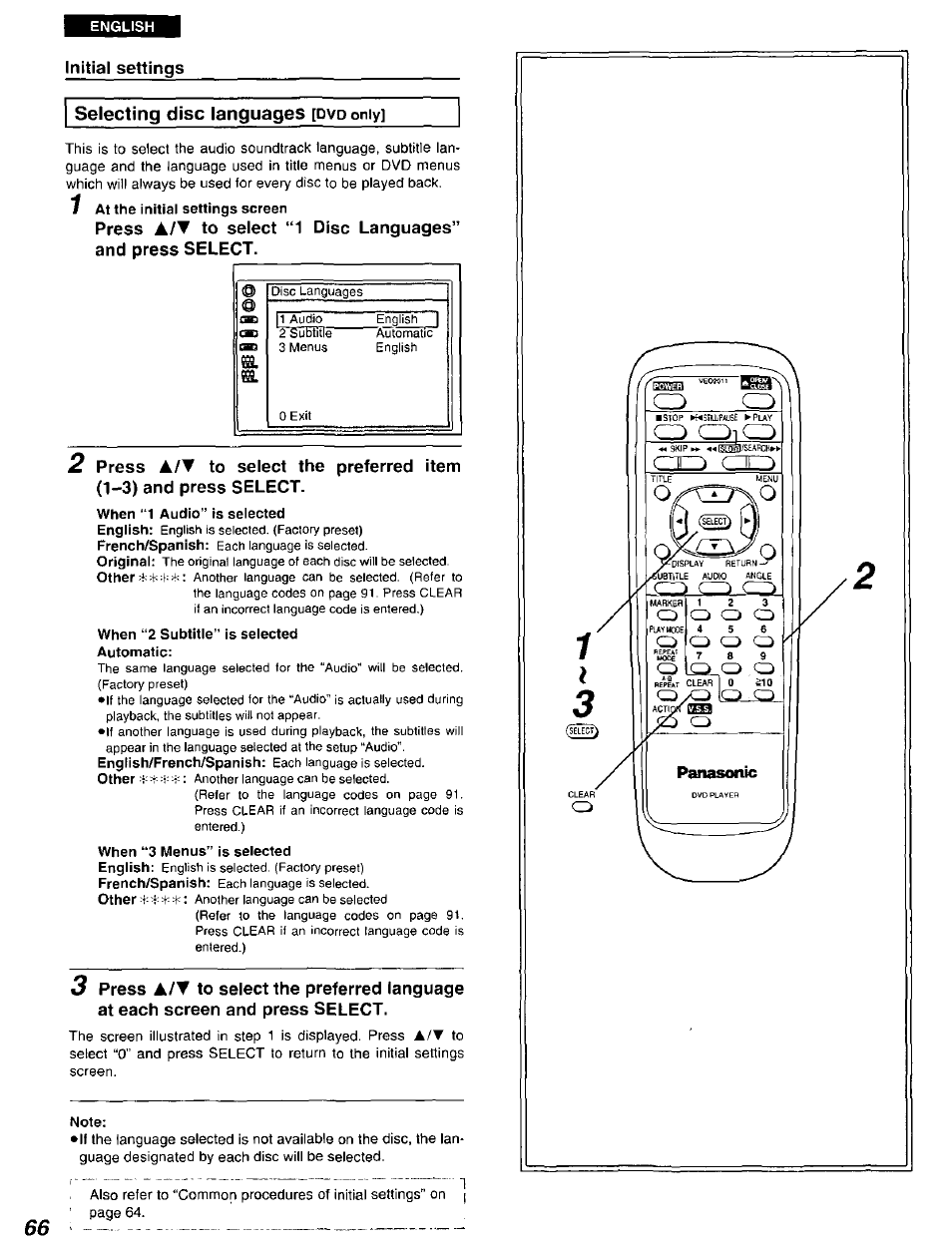 Initial settings, Selecting disc languages [dvooniy, Selecting disc languages [dvd only | Panasonic DVD-A105U User Manual | Page 66 / 92