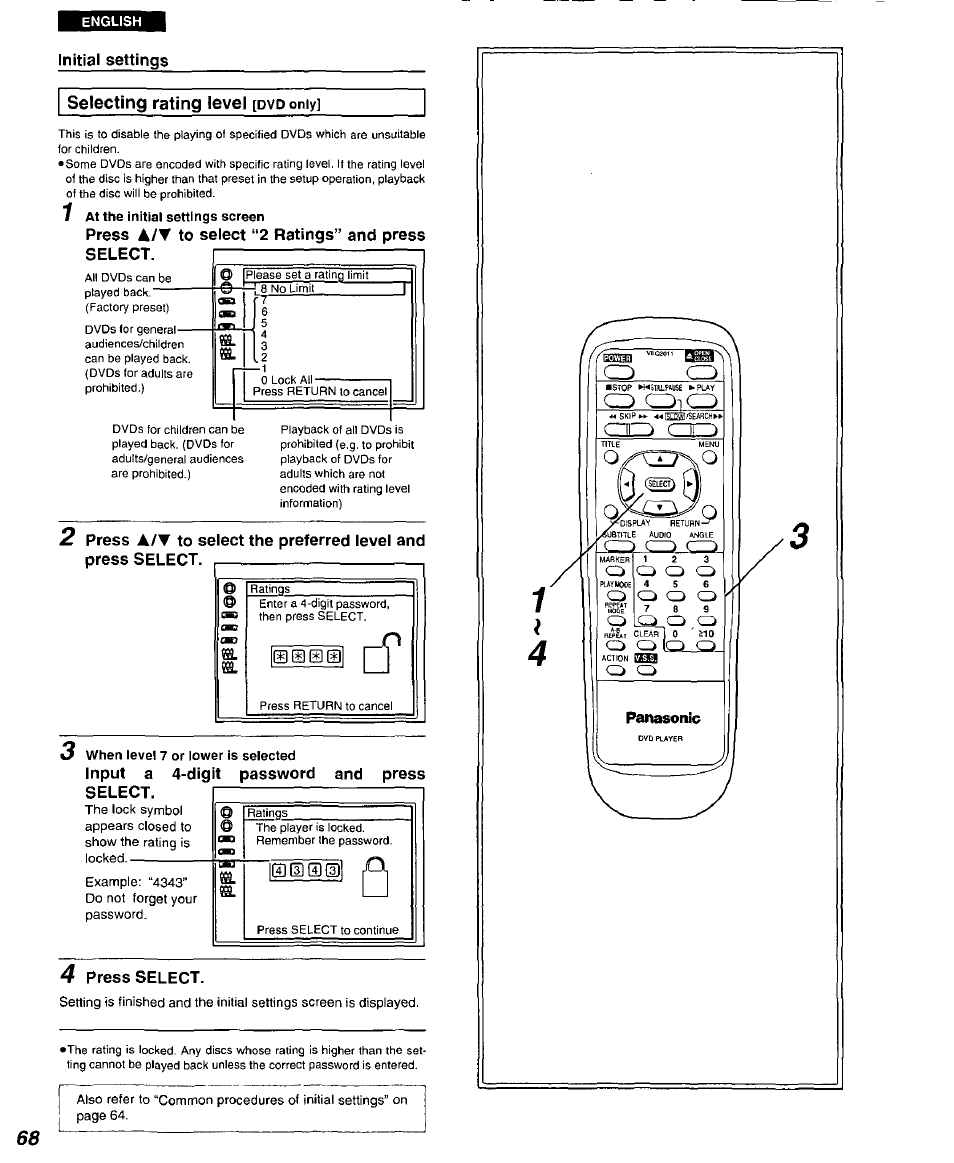 Initial settings, Selecting rating level [dvd only, 1 at the initial settings screen | Press a/t to select “2 ratings” and press select, And press, 4 press select, Ï) ® 0 e) | Panasonic DVD-A105U User Manual | Page 68 / 92