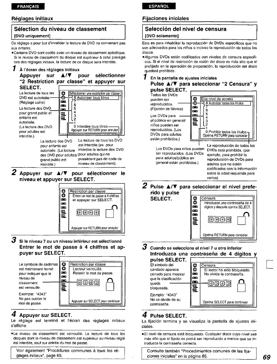 7 à l’écran des réglages initiaux, Cuando se seleccione el nivel 7 u otro inferior, 0® e) | Panasonic DVD-A105U User Manual | Page 69 / 92