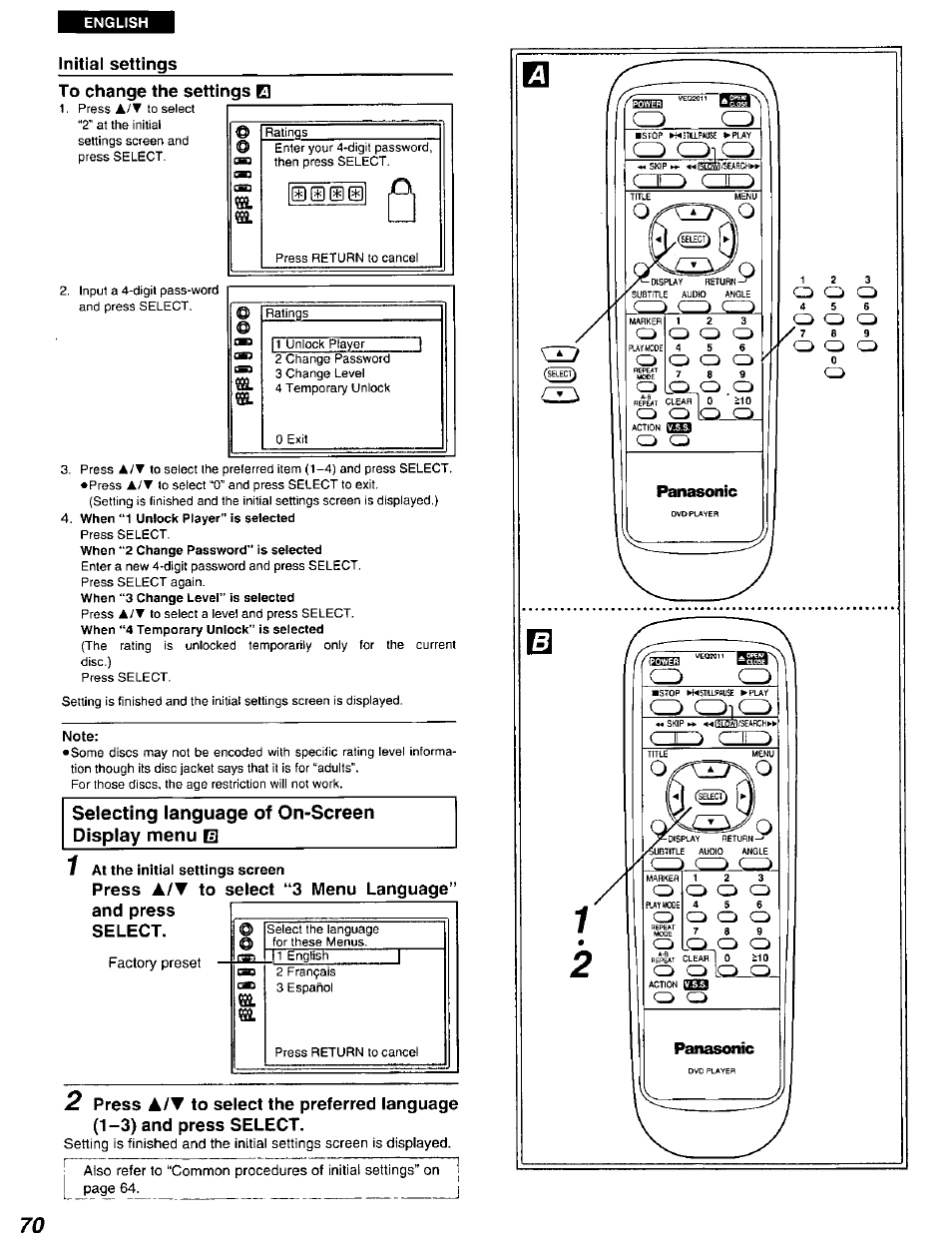 Initial settings, Note, Selecting language of on-screen display menu ul | 3 menu language, Selecting language of on-screen display menu | Panasonic DVD-A105U User Manual | Page 70 / 92