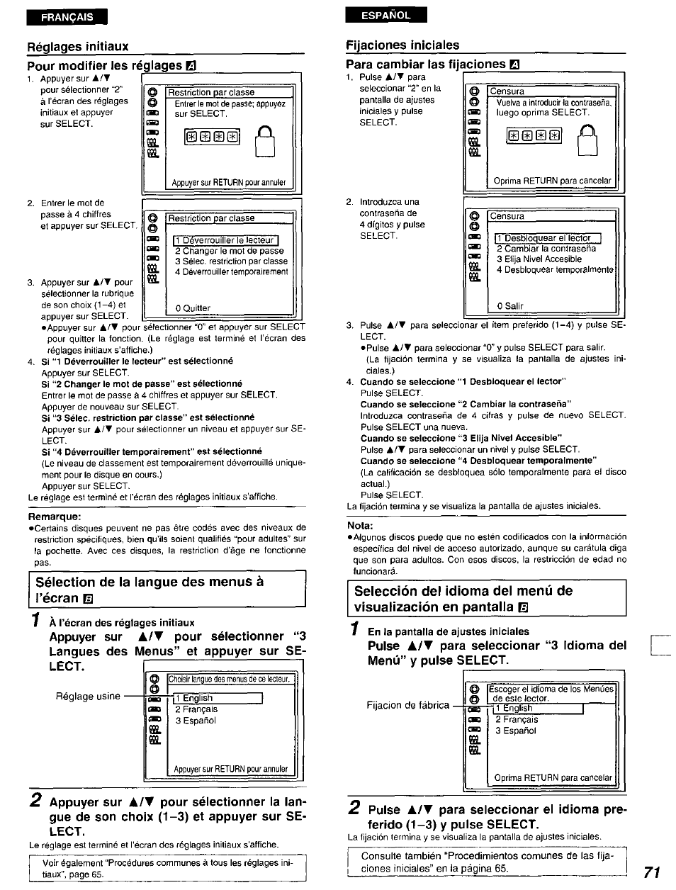 Fijaciones iniciales, Sélection de la tangue des menus à récran b | Panasonic DVD-A105U User Manual | Page 71 / 92