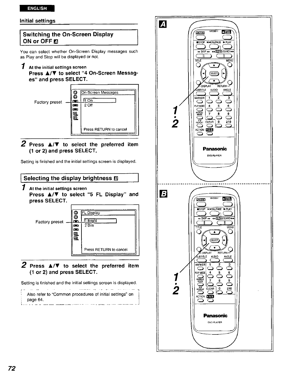 Initial settings, Switching the on-screen display on or off m, 1 at the initial settings screen | Selecting the display brightness e, Switching the on-screen display on or off, Selecting the display brightness | Panasonic DVD-A105U User Manual | Page 72 / 92