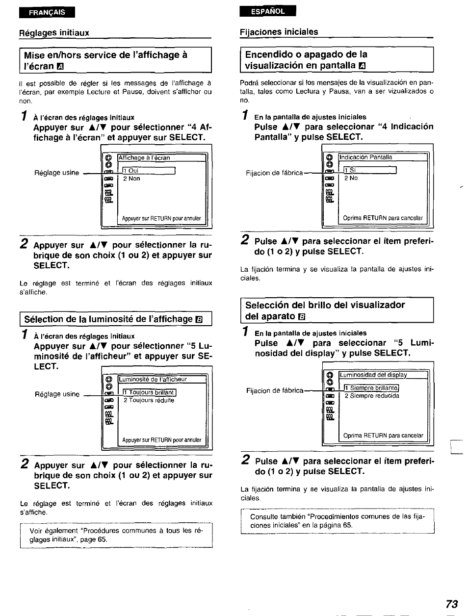 1 à l’écran des réglages initiaux, 1 en la pantalla de ajustes iniciales | Panasonic DVD-A105U User Manual | Page 73 / 92