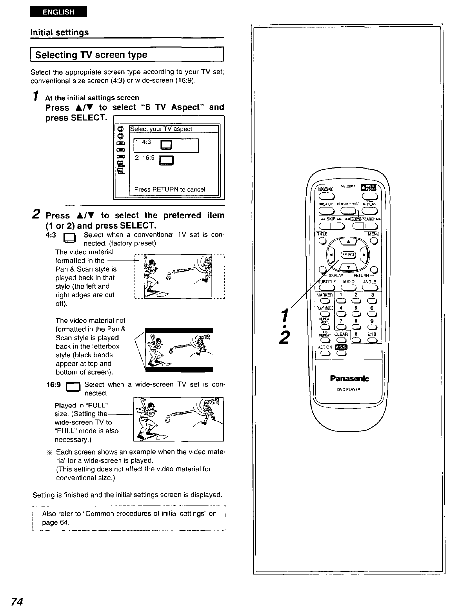 Initial settings, Selecting tv screen type, 1 at the initial settings screen | Press a/t to select “6 tv aspect” and, Press select, Item | Panasonic DVD-A105U User Manual | Page 74 / 92