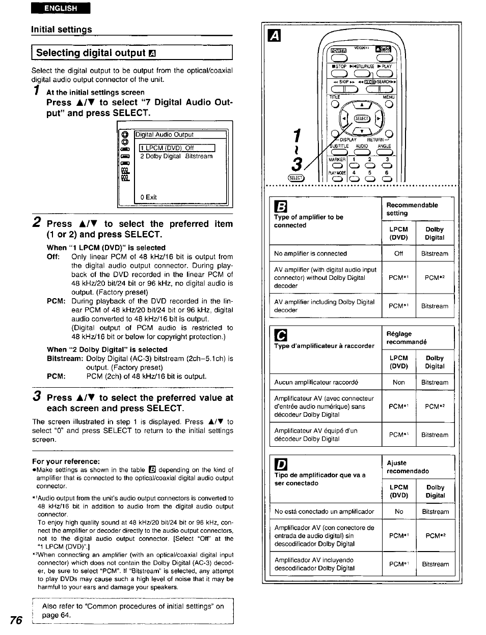 Initial settings, Selecting digital output el, 7 at the initial settings screen | Selecting digital output, O o o | Panasonic DVD-A105U User Manual | Page 76 / 92