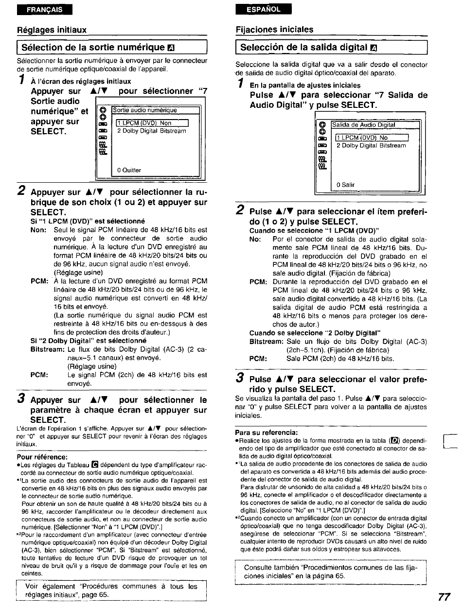 Sélection de la sortie numérique el, Selección de la salida digital e), Sélection de la sortie numérique | Selección de la salida digital, Fijaciones inicíales | Panasonic DVD-A105U User Manual | Page 77 / 92