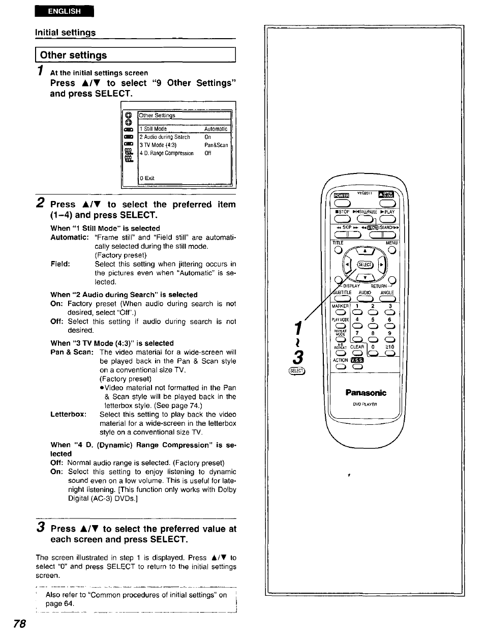 Press a/t to select the (1-4) and press select | Panasonic DVD-A105U User Manual | Page 78 / 92