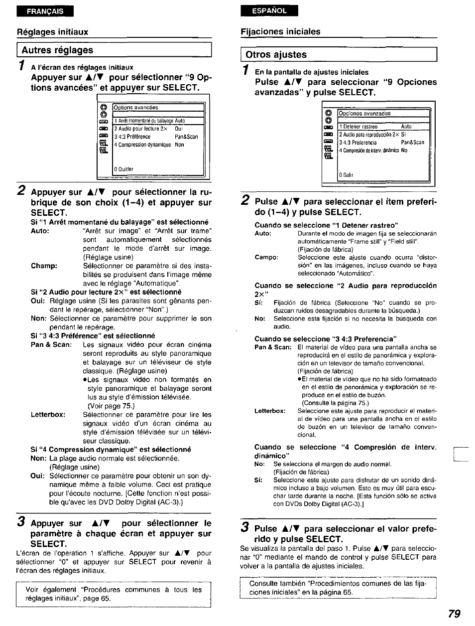 Autres réglages, Otros ajustes, Fijaciones iniciales autres réglages | Panasonic DVD-A105U User Manual | Page 79 / 92