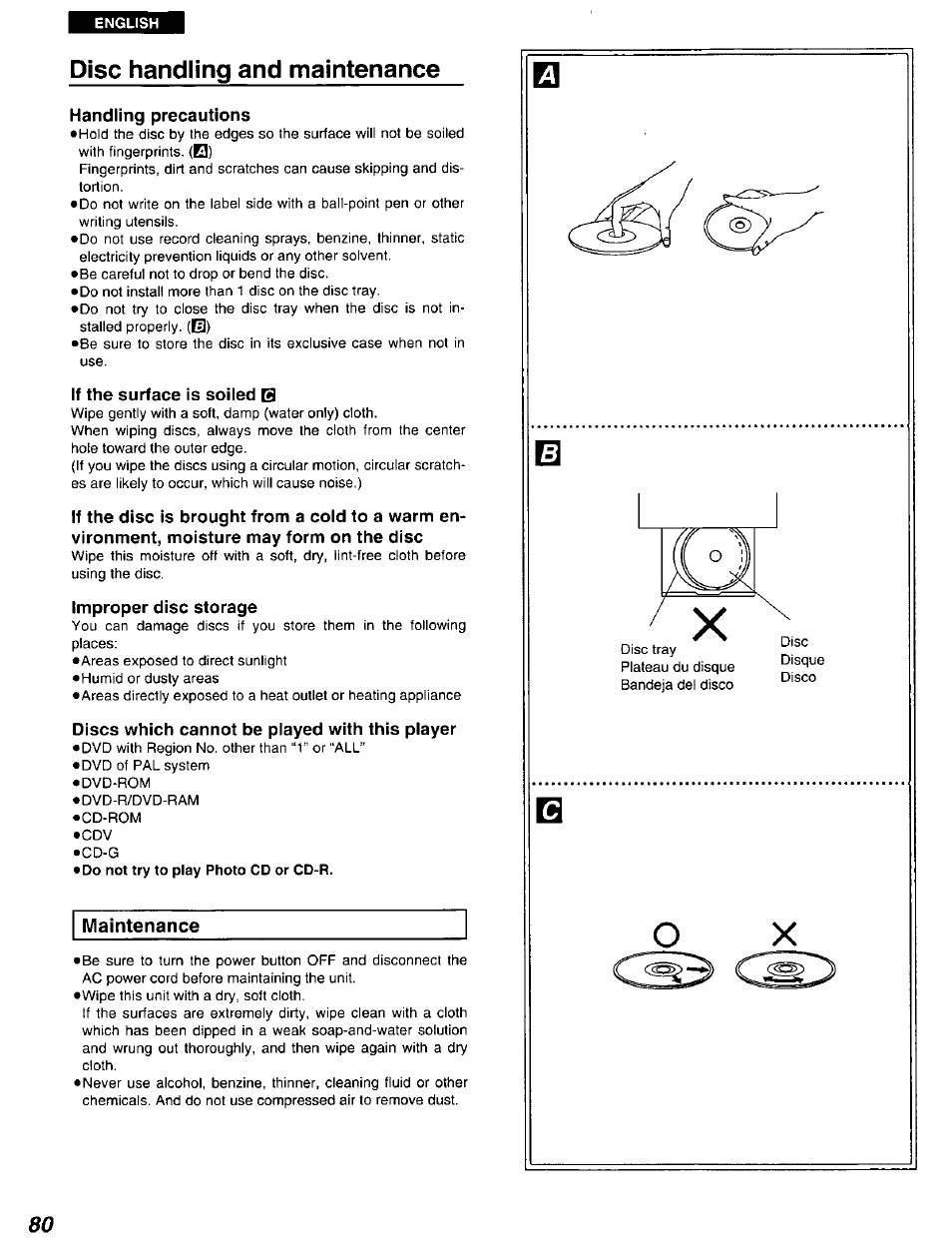 Disc handling and maintenance, Handling precautions, If the surface is soiled q | Improper disc storage, Discs which cannot be played with this player | Panasonic DVD-A105U User Manual | Page 80 / 92