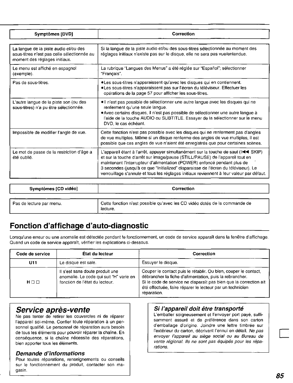 Fonction d’affichage d’auto-diagnostic, Service après-vente | Panasonic DVD-A105U User Manual | Page 85 / 92