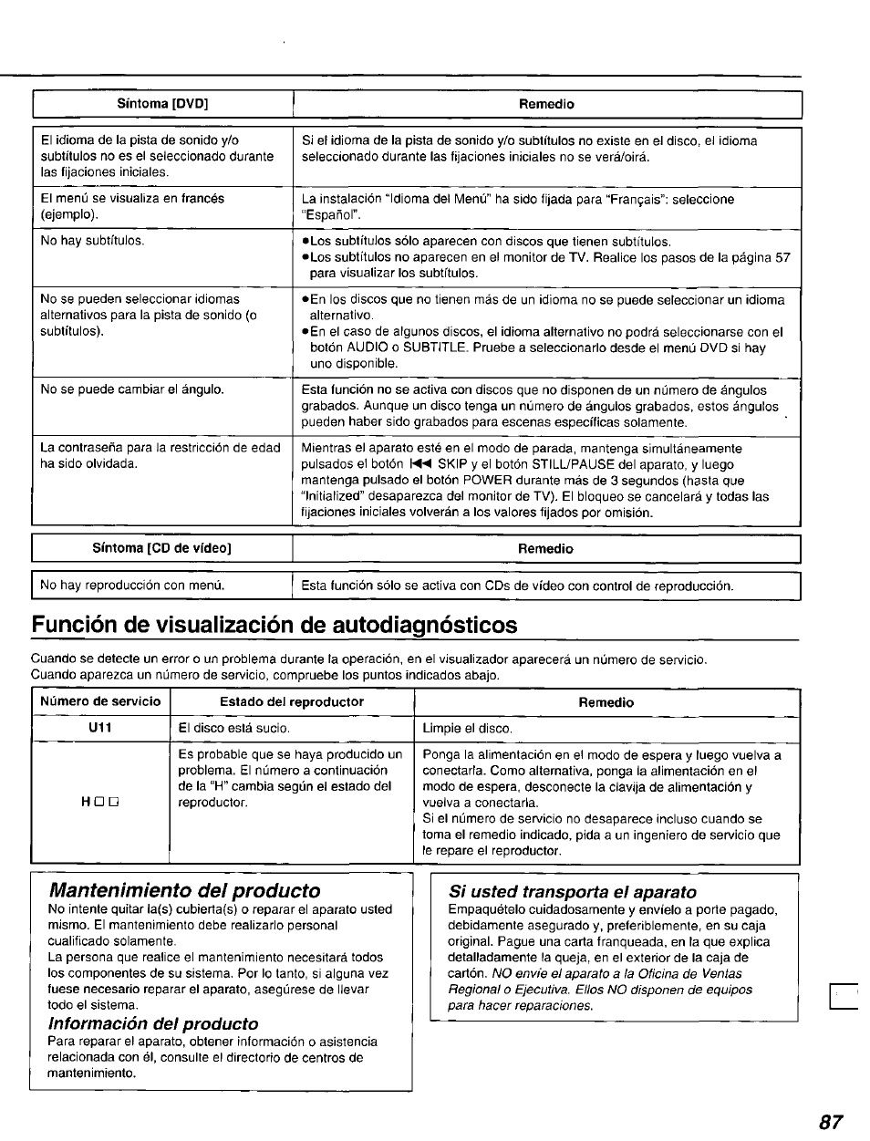 Función de visualización de autodíagnósticos, Mantenimiento del producto | Panasonic DVD-A105U User Manual | Page 87 / 92