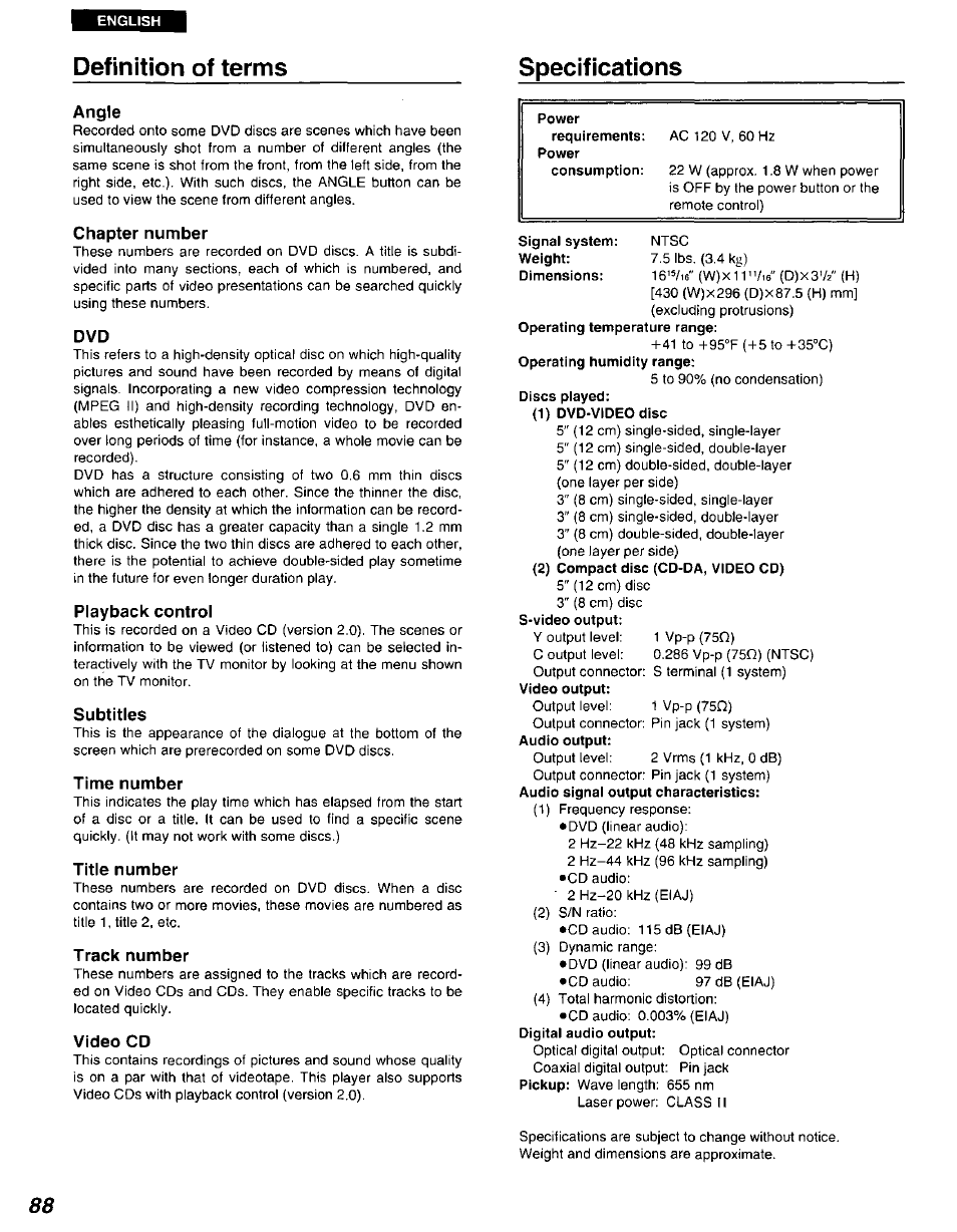 English, Definition of terms, Angle | Chapter number, Playback control, Subtitles, Time number, Title number, Track number, Video cd | Panasonic DVD-A105U User Manual | Page 88 / 92