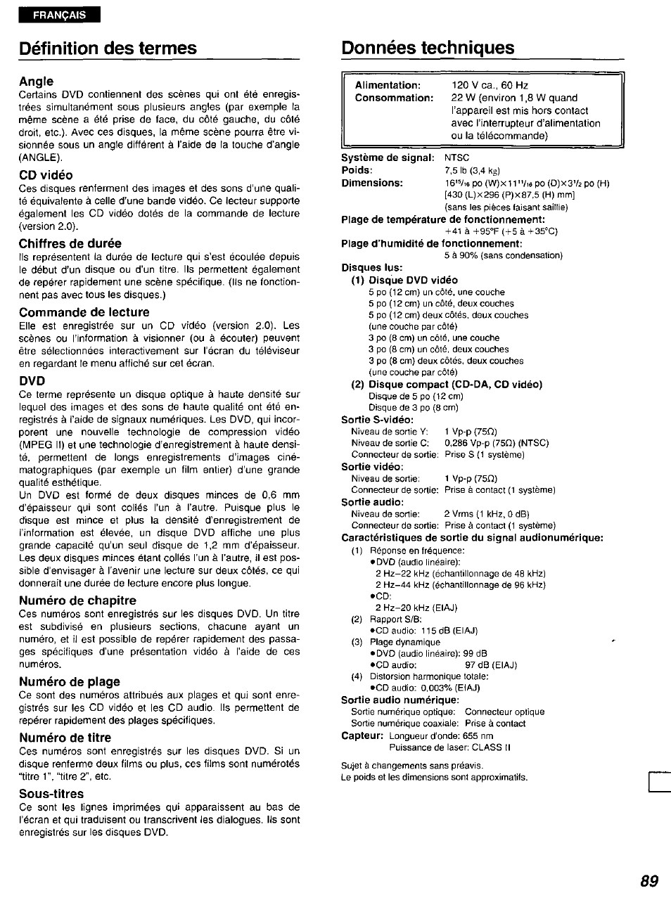 Définition des termes, Angle, Cd vidéo | Chiffres de durée, Commande de lecture, Numéro de chapitre, Numéro de plage, Numéro de titre, Sous-titres, Données techniques | Panasonic DVD-A105U User Manual | Page 89 / 92