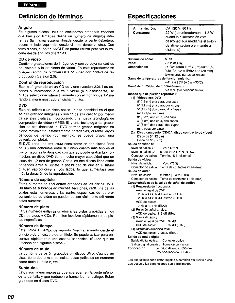 Definición de términos, Especificaciones, Specifications | Panasonic DVD-A105U User Manual | Page 90 / 92